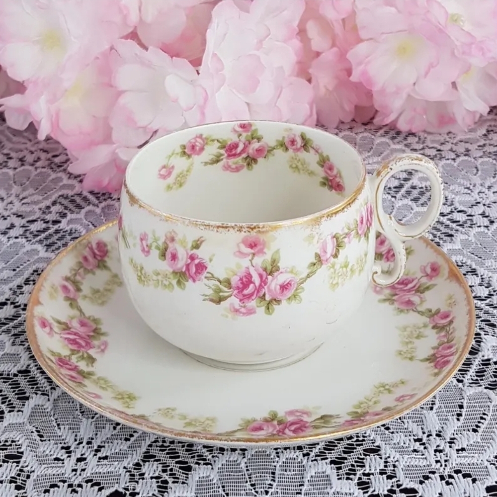 Limoges Pink Floral Teacup and Saucer Set